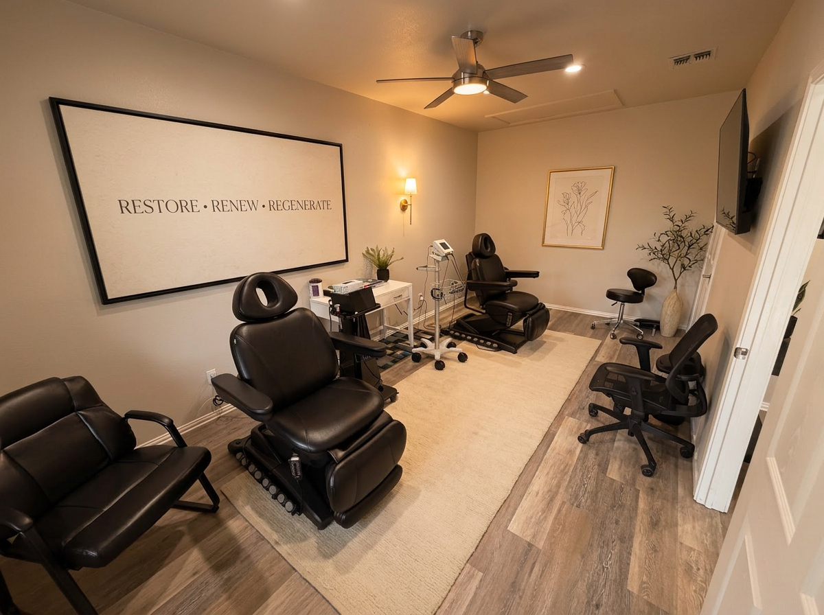 Restore Renew Regenerate framed signage above Neurogenx treatment chairs in a warm med-spa setting