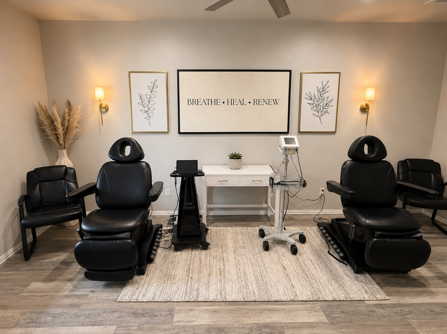 Neuropathy treatment suite styled with framed Breathe Heal Renew wall art, brass sconces, and warm ambient lighting