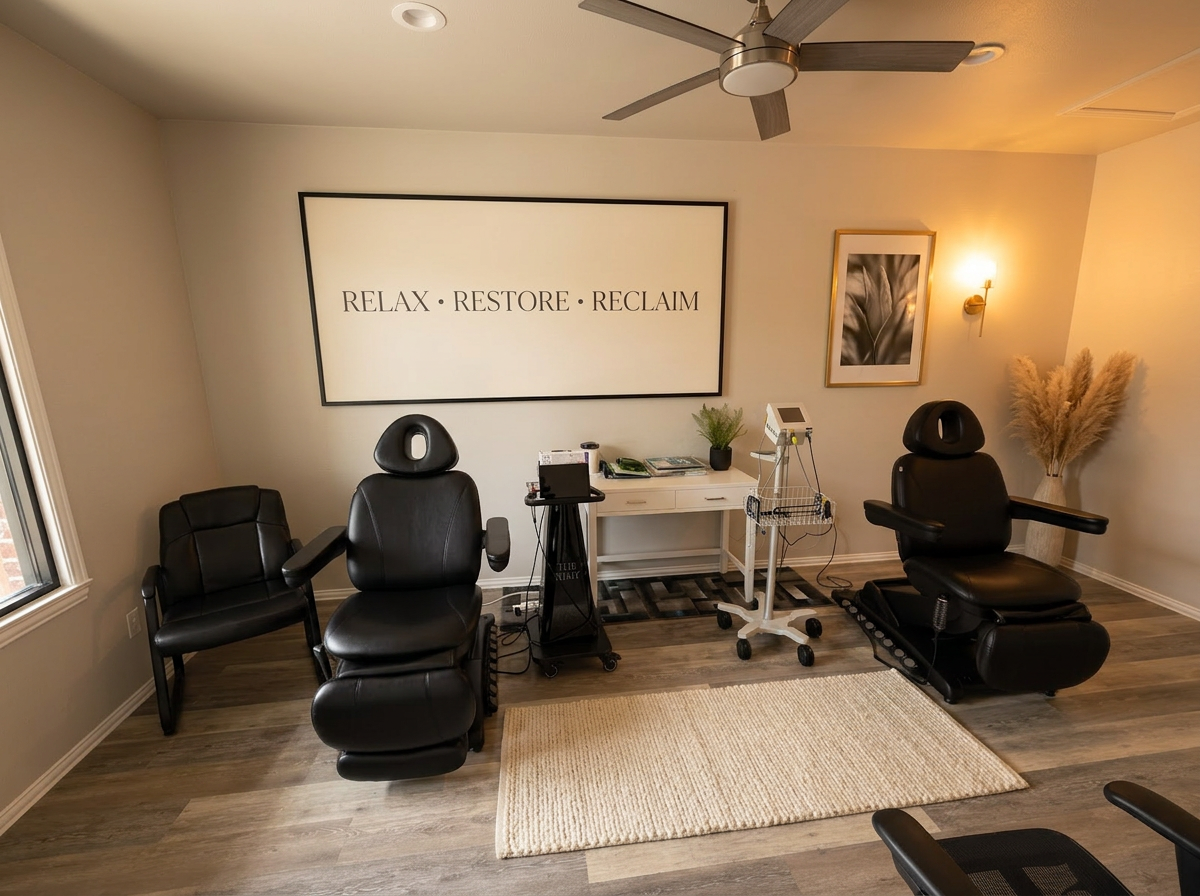 Relax Restore Reclaim framed sign in a neuropathy treatment room with pampas grass and brass sconce