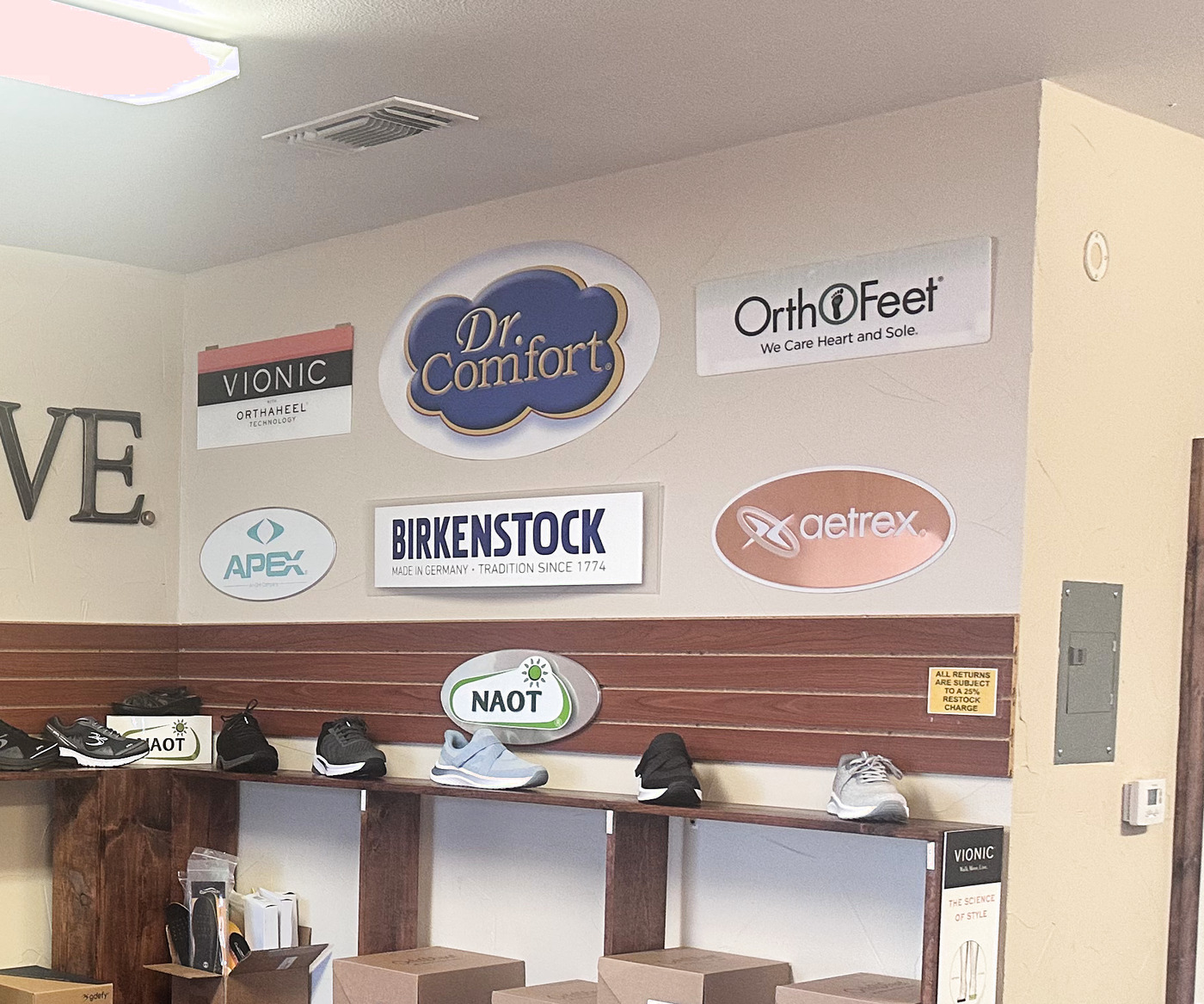 Trusted brand wall featuring Vionic, Dr. Comfort, OrthoFeet, Birkenstock, Apex, Aetrex and NAOT