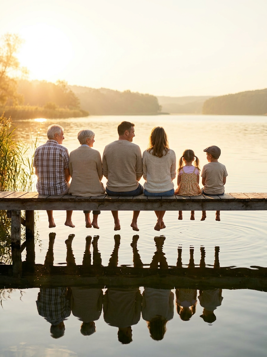 Three generations of family walking together on a sunny path